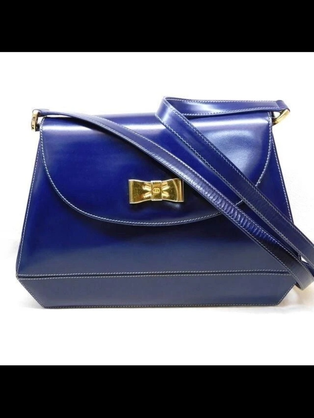 Gucci Deep Blue Leather Shoulder Bag with Gold Bow Hardware